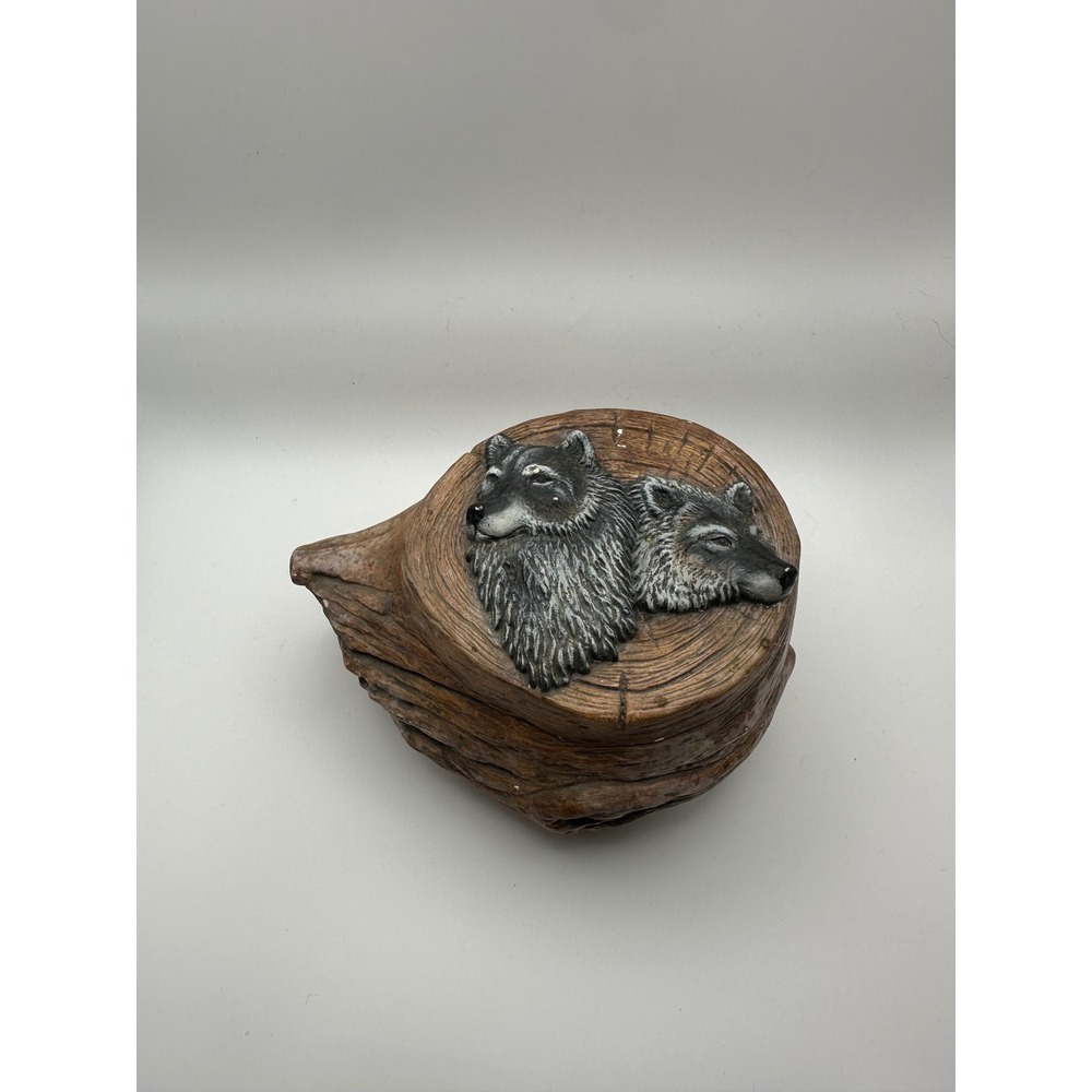 Vintage 1996 Joy Hand Painted Ceramic Wolf Trinket Box Rustic Faux Wood Burl 7in